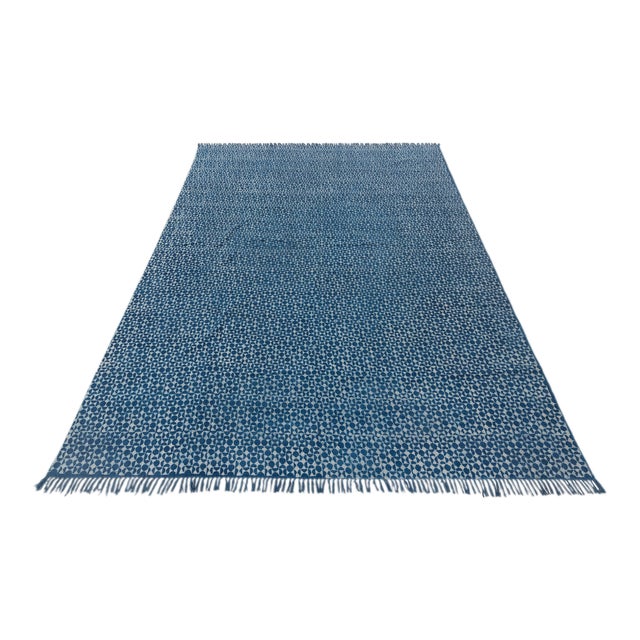 Blue Indigo Hand Woven Bohemian Cotton Flatweave Kilim Rug, Boho Blue Rug 4X6Ft. For Sale