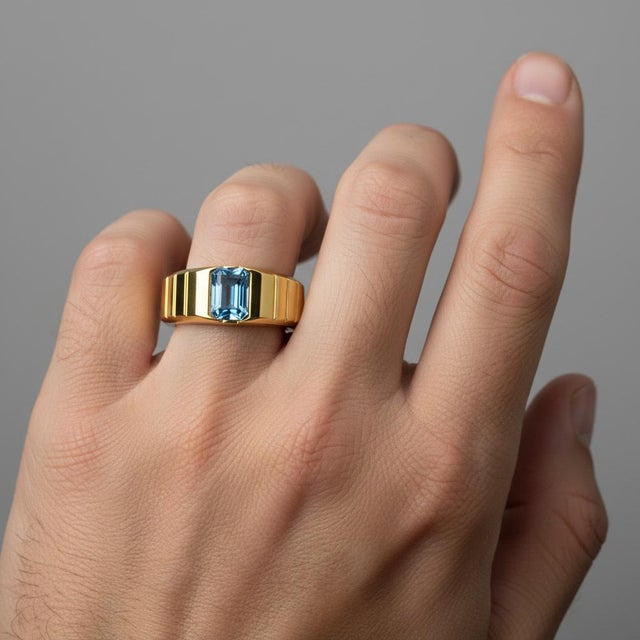 Modern Topaz Solitaire Ring for Men Silver, Gold, Size 9.5 For Sale - Image 3 of 6