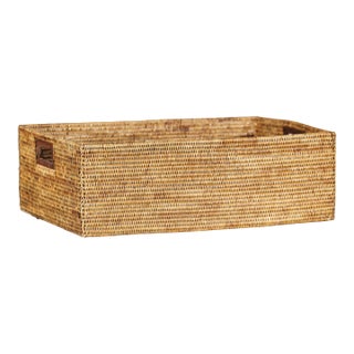 Vintage Rectangular Handwoven Rattan Basket with Wooden Side Handles For Sale