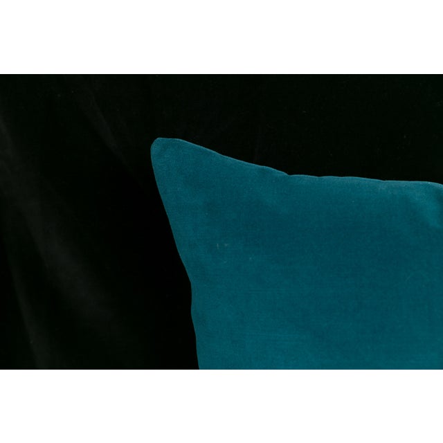 Pair of custom, high-end designer teal velvet pillow covers. Pattern on fronts and backs, knife-edge finish. All pillow...