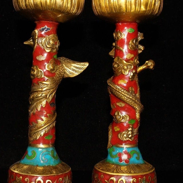 Metal Vintage Pair of Cloisonne Candlesticks - Dragon & Phoenix Motif For Sale - Image 7 of 9