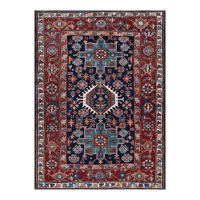 Excellent Navy Background With Symmetric Knots Geometric Pattern Antique Persian Karajeh Rug For Sale