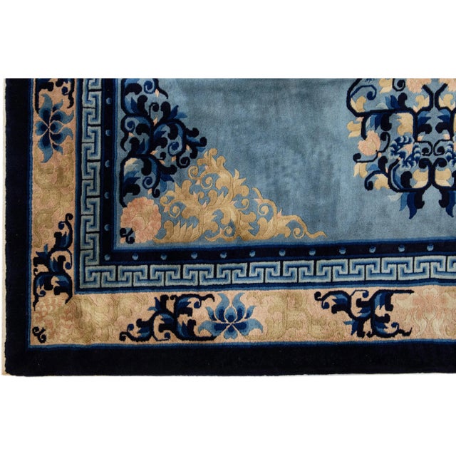 1920s Medallion Handmade Antique Chinese Peking Square Wool Rug in Blue For Sale - Image 4 of 7