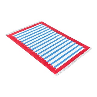 Handmade Cotton Area Rug, Blue and White Striped Scalloped Rug With Red Border - 5'x8' For Sale