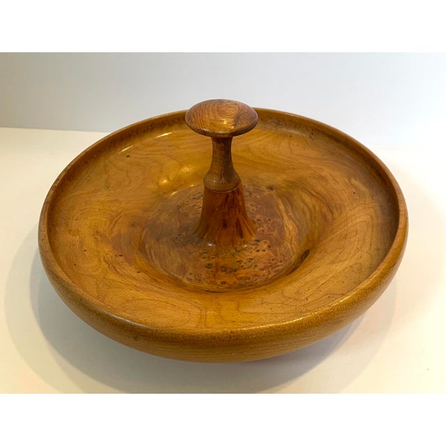 Handsome hand turned wood serving piece or nut dish. Burling at the center. Add arrested, organic touch to your table....