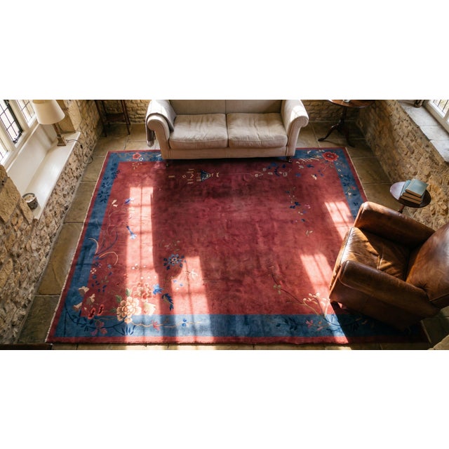 1920s Raspberry Pink Floral Antique Chinese Art Deco Carpet 9'10" X 13'6" Knotted Wool Rug For Sale - Image 11 of 12