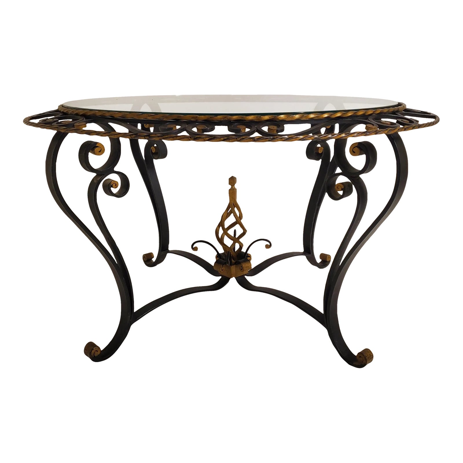 1940s French Wrought Iron Glass Top Coffee Table, Attributed to