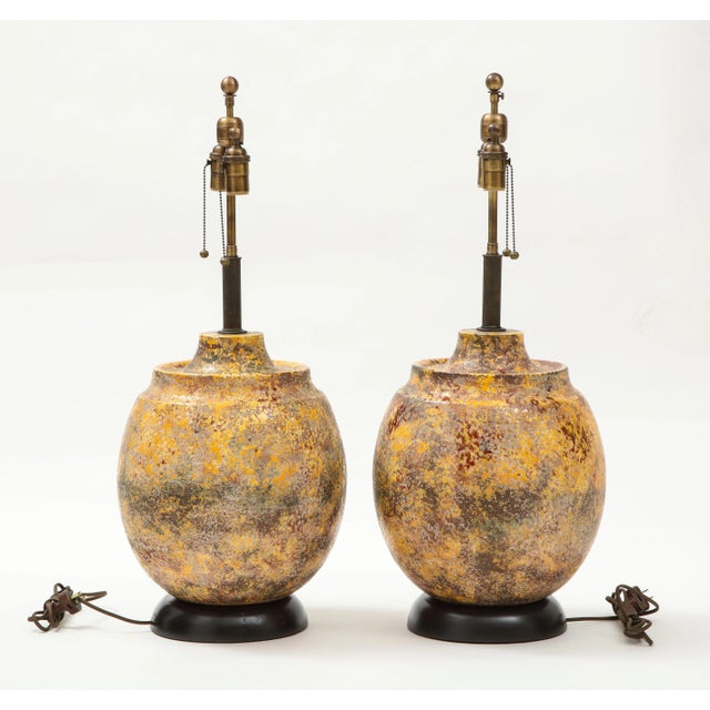 Large Italian Ceramic Lamps with a "Scavo" Glazed Finish - A Pair For Sale - Image 9 of 10