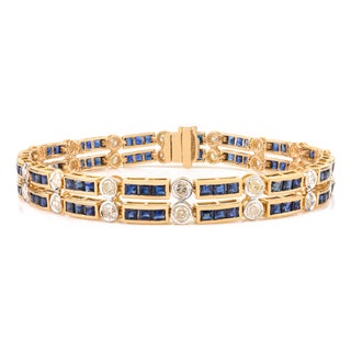 14k Yellow Gold Square Cut 6.25 Ct Sapphire Diamond Estate Tennis Bracelet for Her For Sale
