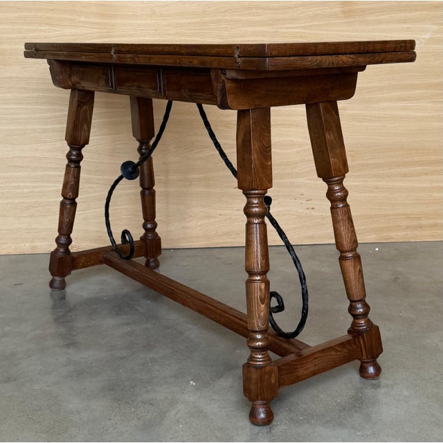 20th Century Spanish Console Fold Out Farm Table with Wood Stretcher For Sale - Image 4 of 18