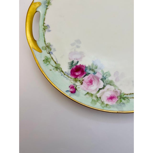 Art Nouveau Early 20th Century Mint & Pink Pastel Rose Plate For Sale - Image 3 of 8