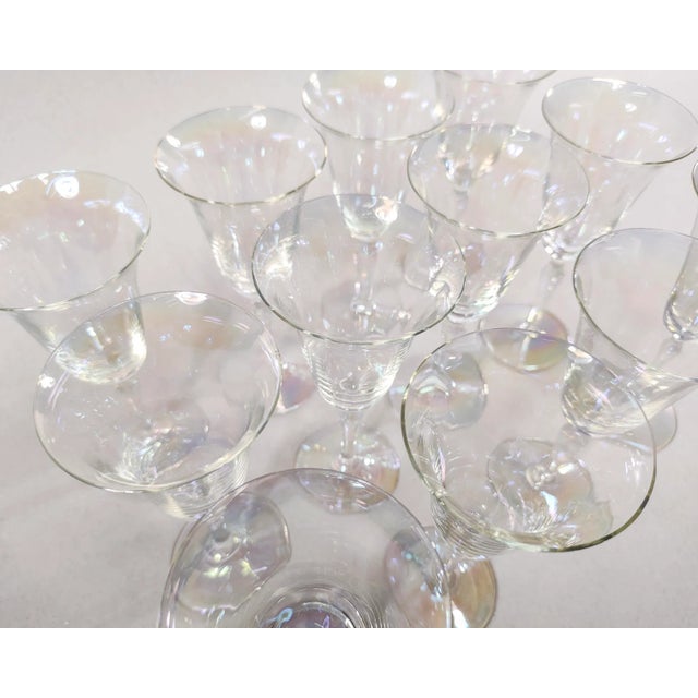 Fostoria Glass Company Set of 12 Hand-Blown Iridescent Luster Tulip Wine Glasses, Circa 1930s For Sale - Image 4 of 11