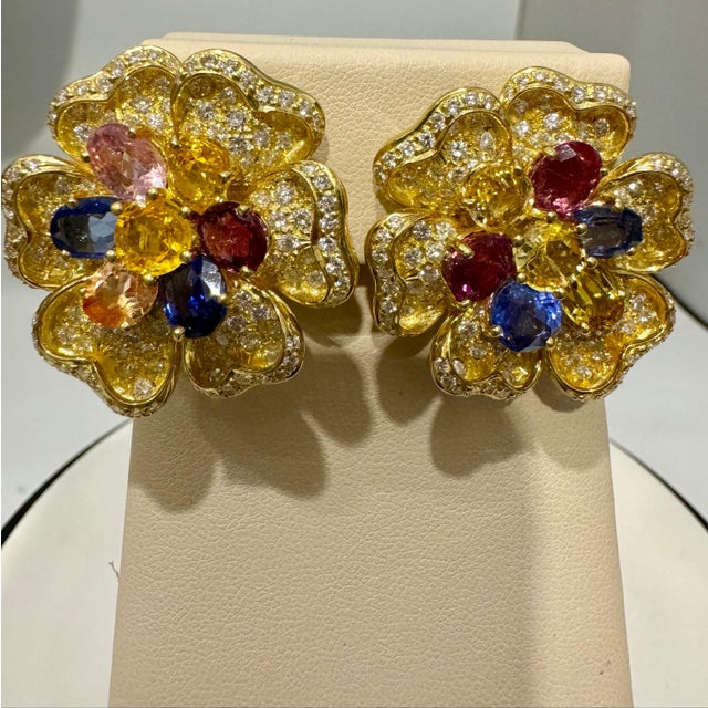 Blue 18K Yellow Gold Diamond & Multicolor Sapphire Flower Earrings by Designer Adler, A Pair For Sale - Image 8 of 18
