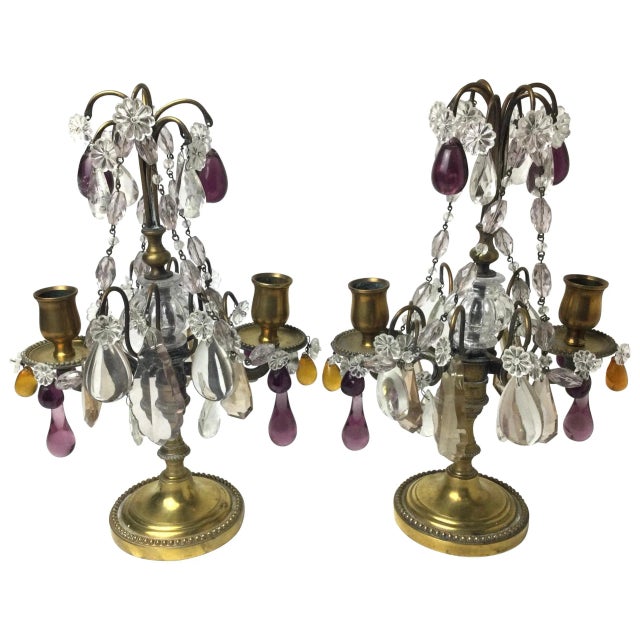 Early 20th Century Clear Amethyst & Amber Crystal Girandole Candelabras - A Pair For Sale - Image 10 of 10