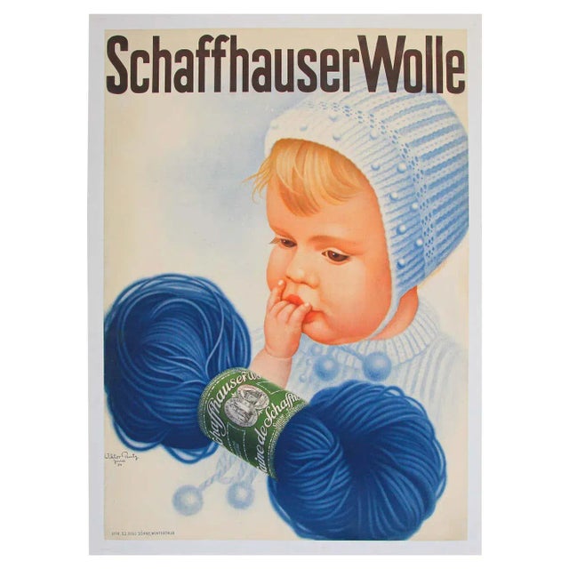 Vintage Poster Swiss Schaffhauser Wolle Wool Yarn Knitting 1934 Baby Blue For Sale - Image 13 of 13