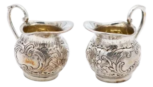 Silver Salt and Pepper Shakers with Embossed Floral Motifs, Set of 2