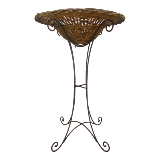 Tall Vintage Wrought Iron Metal and Wicker Rattan Plant Stand or Jardiniere For Sale