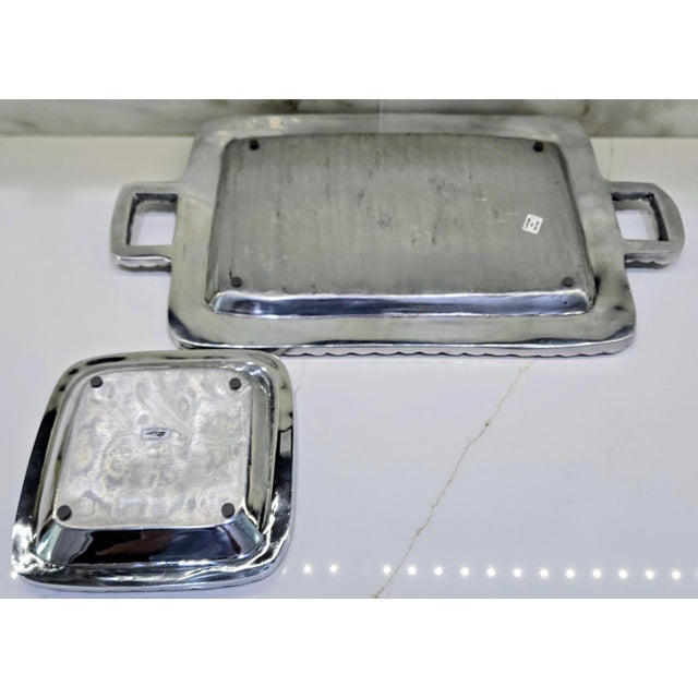 Metal Vintage Mexican Pewter Rope Border Handled Serving Tray Set, Large Rectangular & Small Square Trays For Sale - Image 7 of 9