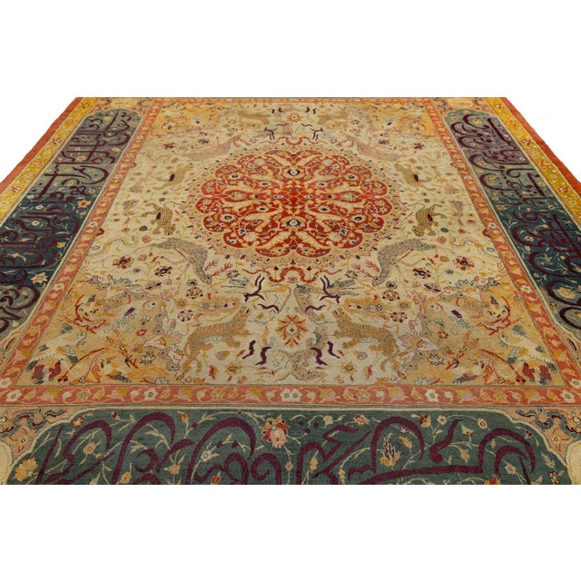 19th Century Antique Indian Agra Hunting Rug With Persian Calligraphy Border For Sale - Image 9 of 11