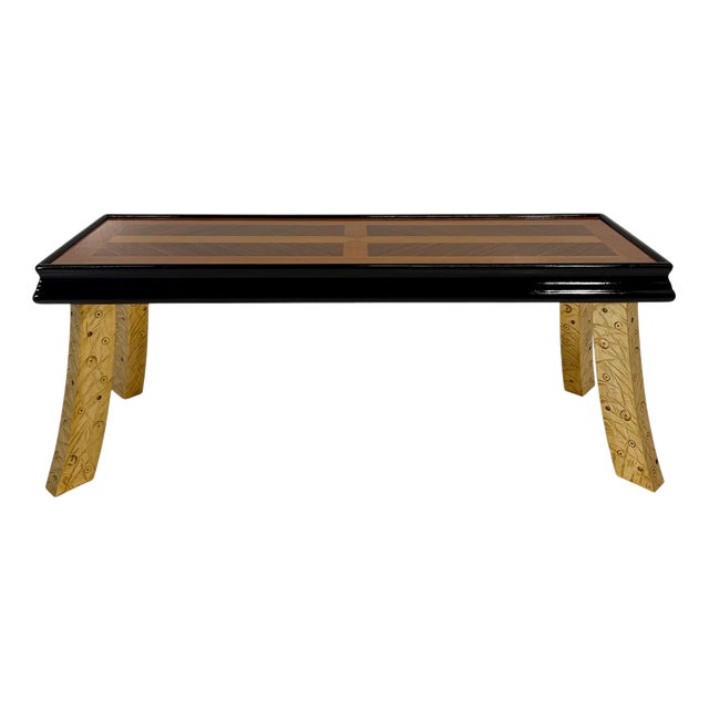 Italian Art Deco Bench with Zebrawood and Cherrywood Inlays and Gold Leaf Legs, 1980s For Sale