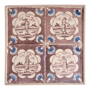 Set of Four 18th Century Dutch Delft Manganese and Blue Tiles