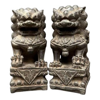 Late 20th Century Pair of Taihang Rock Stone Guardian Lions – Feng Shui Entryway Protection & Wealth Attraction Statues For Sale