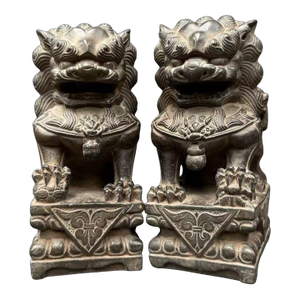 Late 20th Century Pair of Taihang Rock Stone Guardian Lions – Feng Shui Entryway Protection & Wealth Attraction Statues