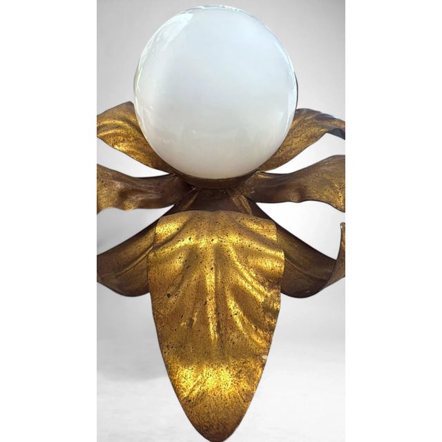 Brass Mid 20th Century Italian Gilt Brass and Opaline Glass Flush Mount Ceiling or Wall Light For Sale - Image 8 of 18