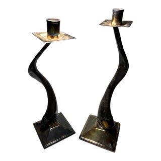 Commanding Tall Pair of Twisted Horn Candlesticks With Metal Bases and Holders For Sale