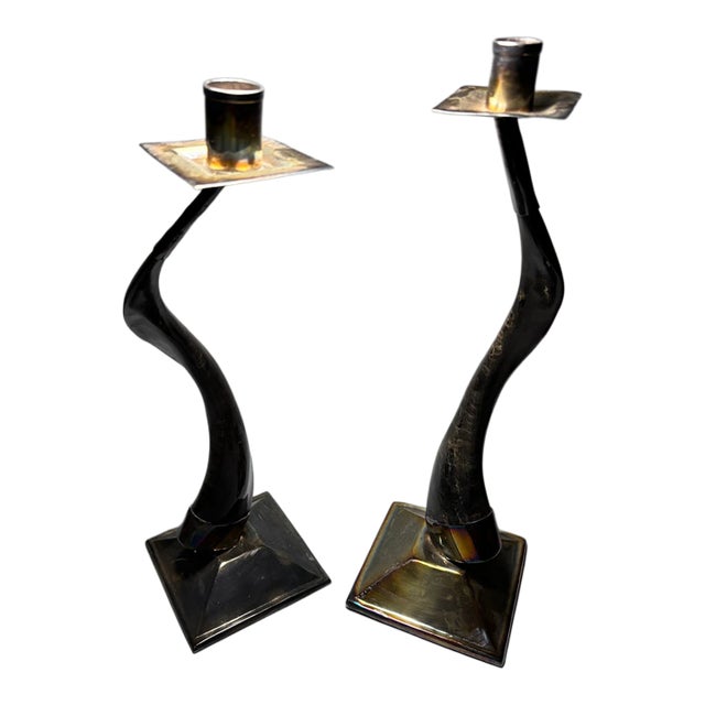 Commanding Tall Pair of Twisted Horn Candlesticks With Metal Bases and Holders For Sale