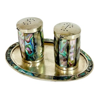 Vintage Abalone Alpaca Mexican Silver Salt and Pepper Shakers With Dish- 3 Pieces For Sale