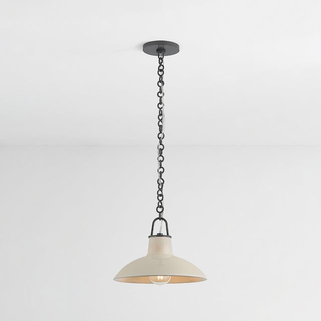 Mid-Century Modern Hudson Valley Lighting Pottersville 12.5 in. 1 Light Pendant in Distressed Bronze and Ceramic Ivory Crackle Finish For Sale - Image 3 of 6