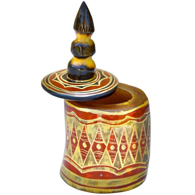Tribal Vintage Handmade West-African Diamond-Patterned Horn Lidded Bowl For Sale - Image 3 of 6
