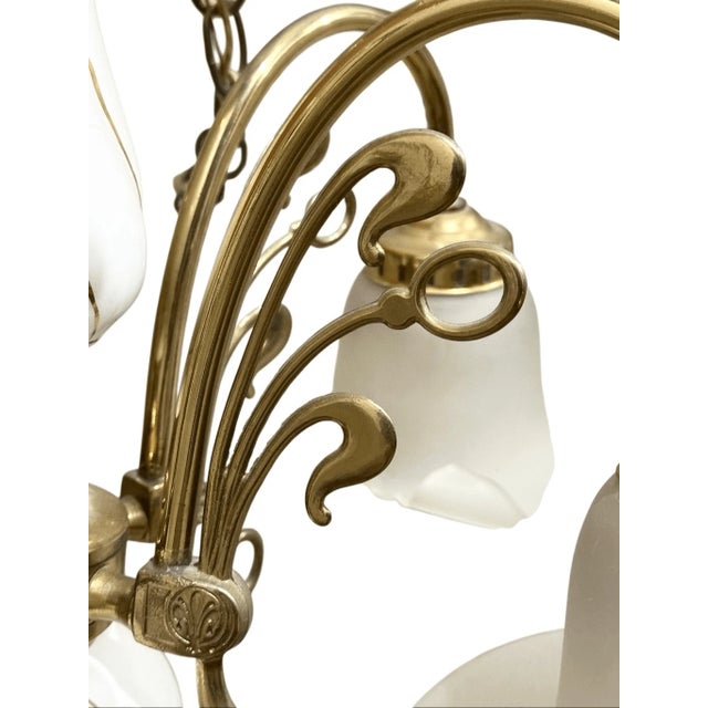 Vintage Art Nouveau Style Fleur De Lis Calla Lillies Shades 5 Arms Chandelier For Sale - Image 10 of 13