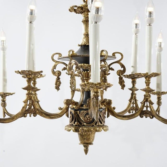 French Antique French Empire Style Ebonized Bronze 12 Light Chandelier C1930 For Sale - Image 3 of 18