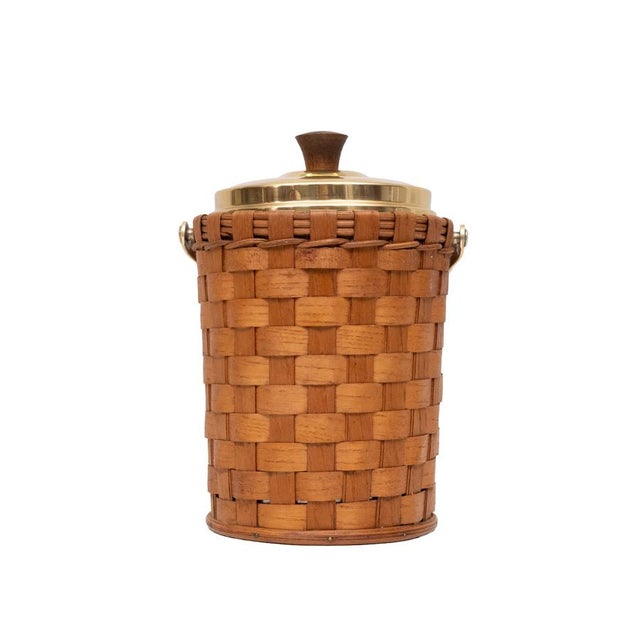 Wicker Ice Bucket in Brass with Lid and Ice Tongs, 1960s, Set of 3 For Sale - Image 10 of 10