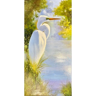 White Egret in Marsh Landscape — Serene Original Oil Painting by P. Charles For Sale