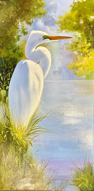 White Egret in Marsh Landscape — Serene Original Oil Painting by P. Charles