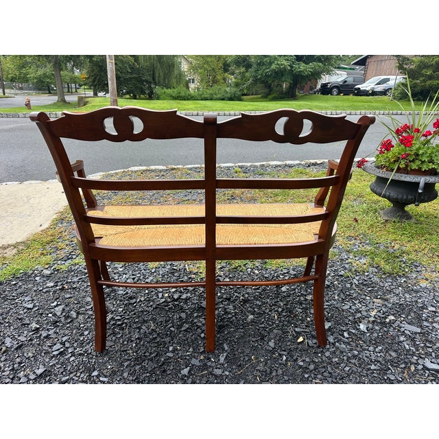 1950s Vintage Walnut & Rush Seat Loveseat Bench For Sale - Image 5 of 8