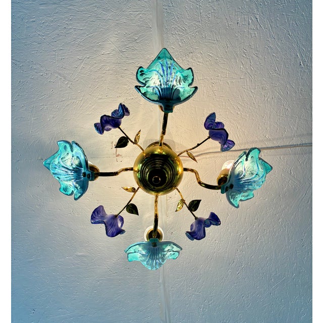 Hand Painted Murano Style Glass Leaf Chandelier | Turquoise Purple Silver Art Glass | Vintage Gold Flush Mount Ceiling Light | One of a Kind For Sale - Image 13 of 18
