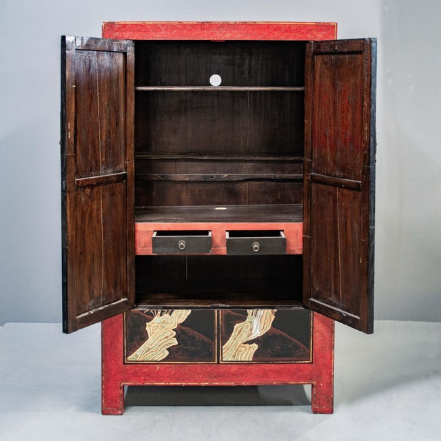 Chinese Vintage Chinese Red & Black Lacquered 2 Door Cabinet For Sale - Image 3 of 8