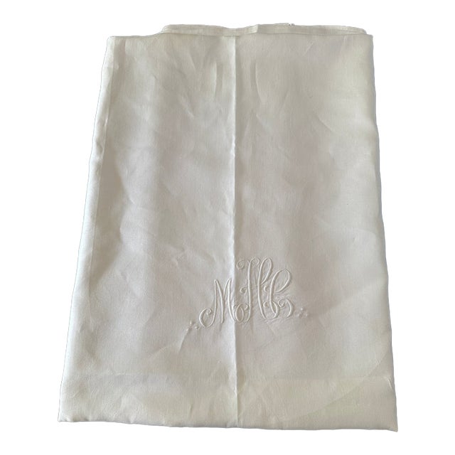 Vintage French Linen Monogram Top Sheet/Table Cloth 105" For Sale