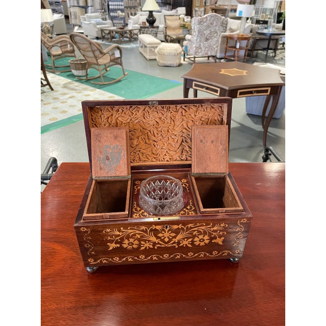 Vintage Inlaid Wooden Tea Caddy With Crystal Bowl For Sale - Image 4 of 5