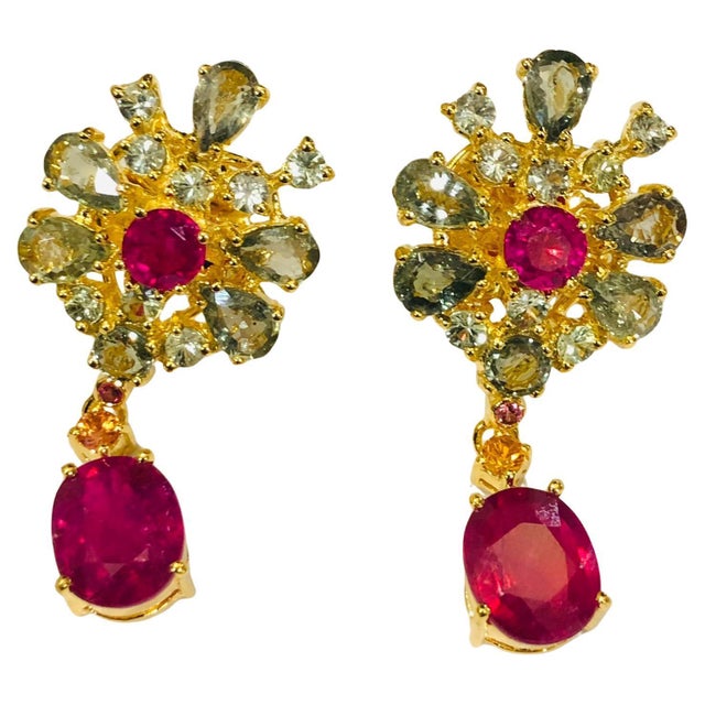 Bochic "Orient" Ruby & Green & Yellow Sapphire Earrings Set 18K Gold & Silver For Sale - Image 15 of 18