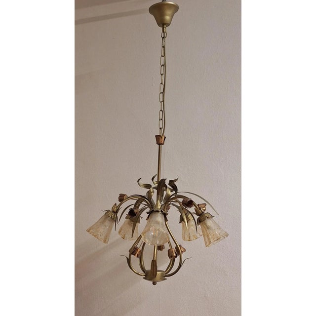 Vintage German Ceiling Lamp with Colored Floral Decorated Metal Frame and Five Slightly Tinted Glass Shades from Serpetaler Leuchten, 1990s For Sale - Image 6 of 10