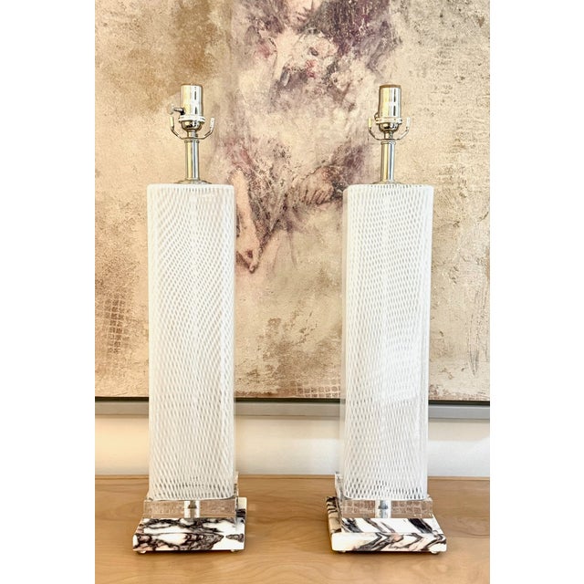 Glass Square Pair of Vintage Murano Latticino Lamps by Dino Martens For Sale - Image 7 of 10