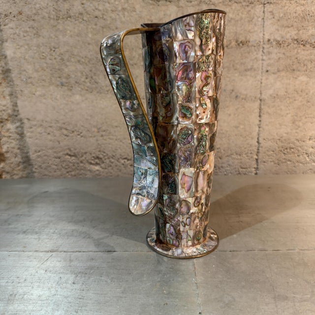 Shell Vintage Mexican Brass and Inlaid Abalone Shell Pitcher Mexico For Sale - Image 7 of 13