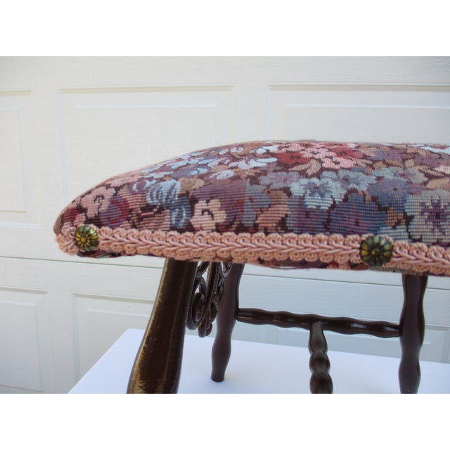 Wood Tall Decorative Rattan and Wood Stool With Violet Floral Motif Fabric For Sale - Image 7 of 11