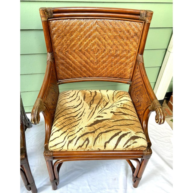 Traditional Vintage Bamboo & Rattan Arm Chairs – Pair of Wicker Dining or Accent Chairs With Upholstered Seats For Sale - Image 3 of 12