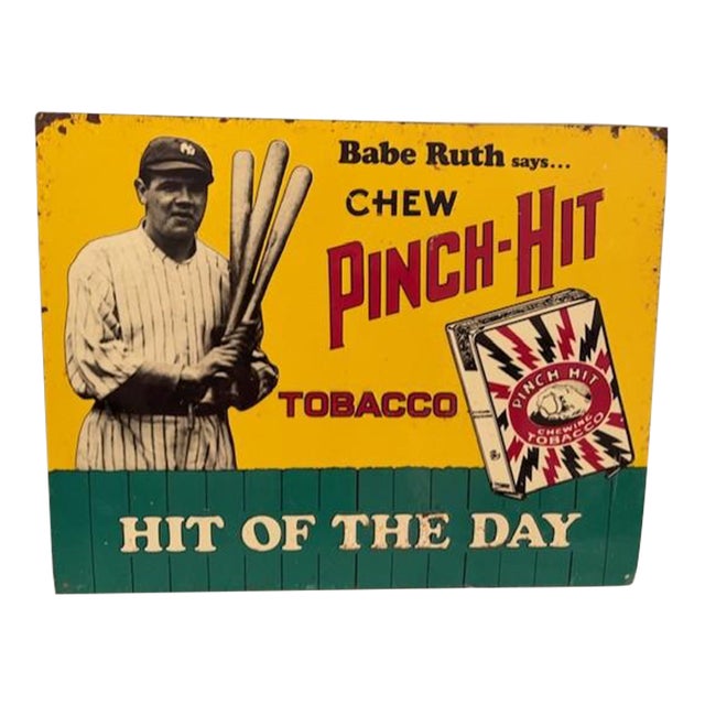 Vintage 1980s Reproduction Babe Ruth Pinch Hit Tobacco Advertising Sign For Sale